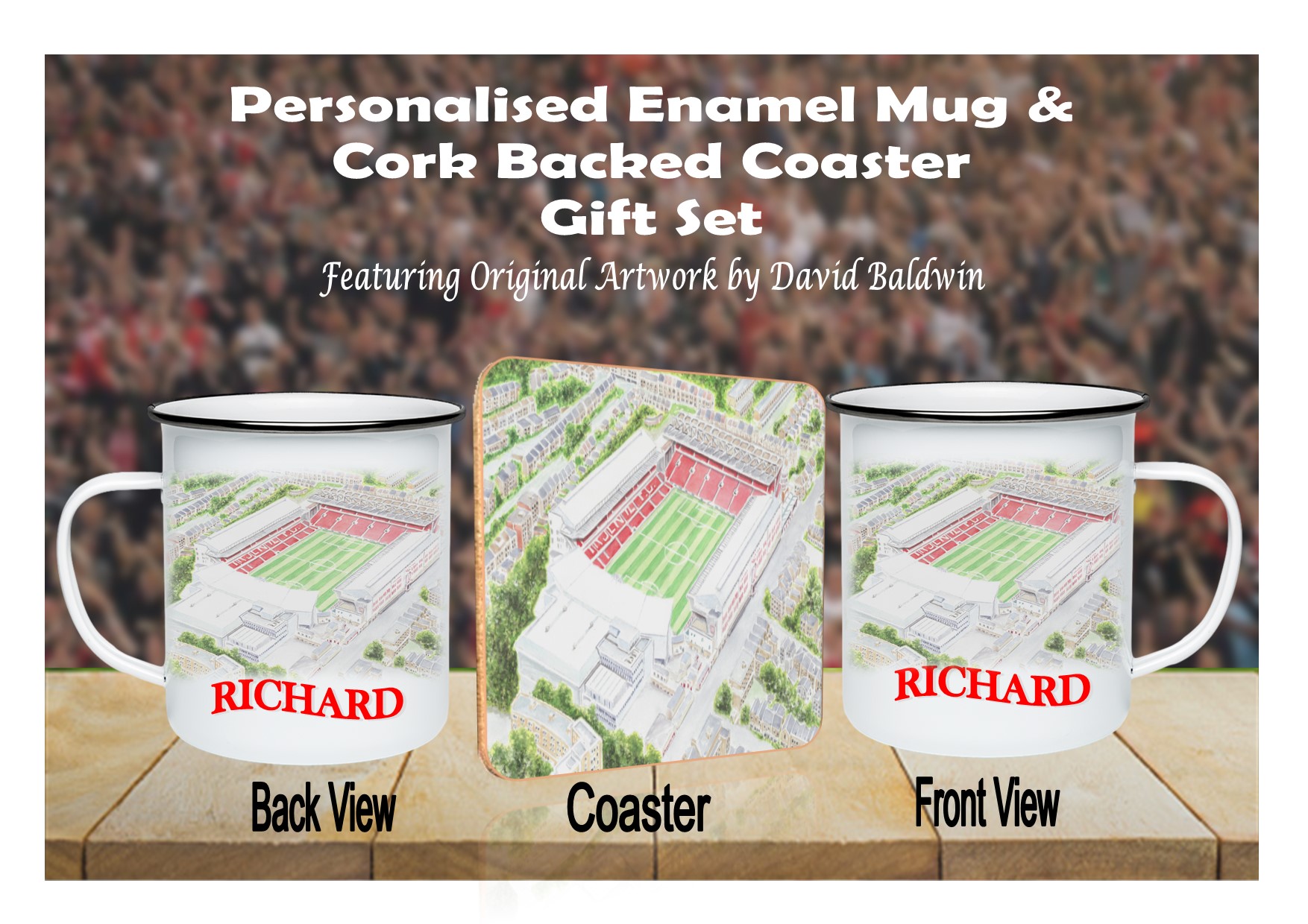 Personalised Highbury Stadium Arsenal Enamel Mug with Cork Backed Drinks Coaster Gift Set